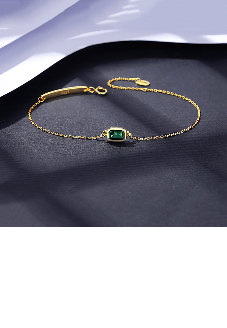 925 Sterling Silver Plated Gold Fashion Simple Geometric Square Green Cubic Zirconia Bracelet - Luxurious Look