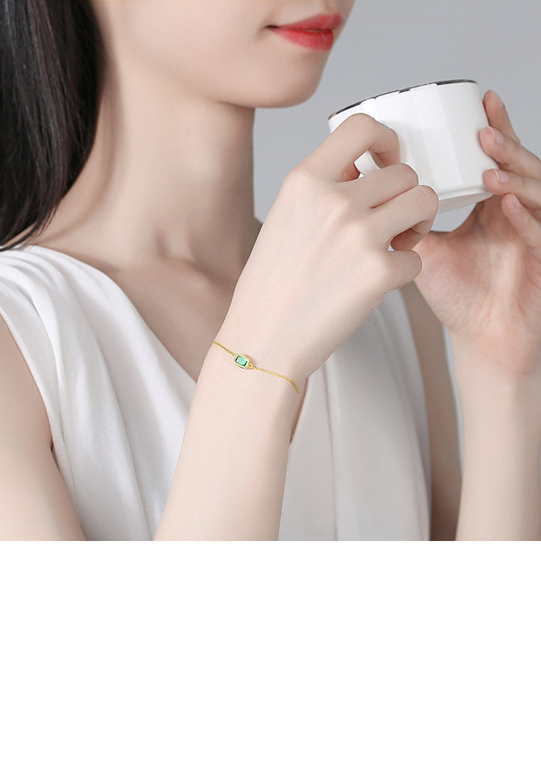 925 Sterling Silver Plated Gold Fashion Simple Geometric Square Green Cubic Zirconia Bracelet - Luxurious Look