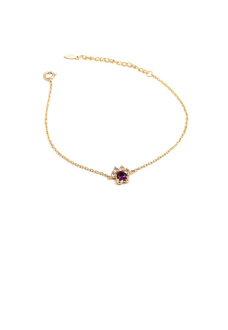 925 Sterling Silver Plated Gold Simple Cute Dog Paw Bracelet with Purple Cubic Zirconia - Luxurious Look