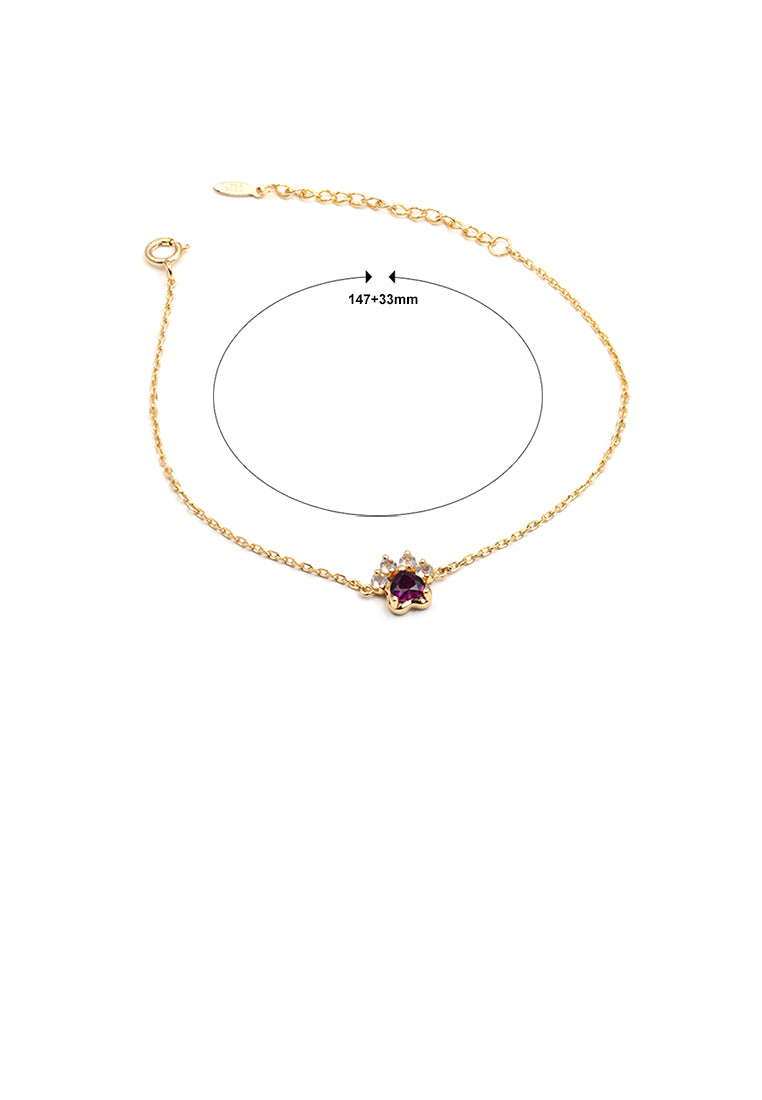 925 Sterling Silver Plated Gold Simple Cute Dog Paw Bracelet with Purple Cubic Zirconia - Luxurious Look