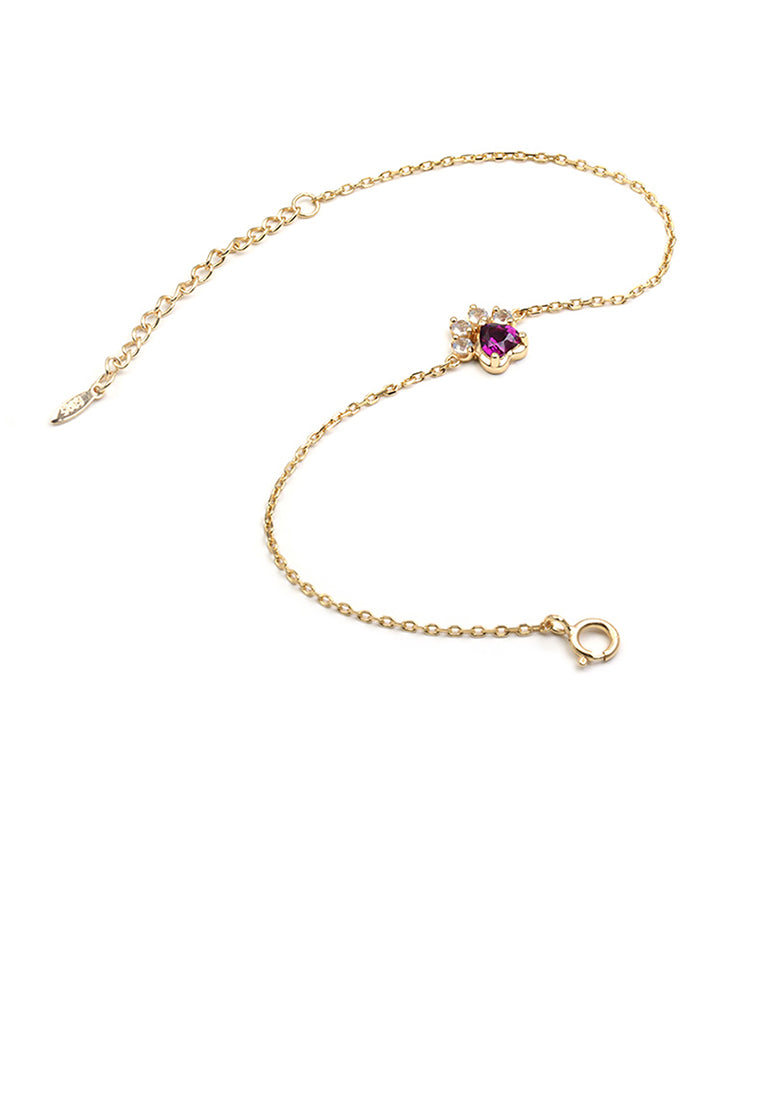 925 Sterling Silver Plated Gold Simple Cute Dog Paw Bracelet with Purple Cubic Zirconia - Luxurious Look