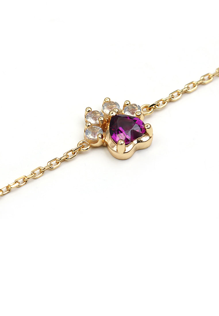 925 Sterling Silver Plated Gold Simple Cute Dog Paw Bracelet with Purple Cubic Zirconia - Luxurious Look