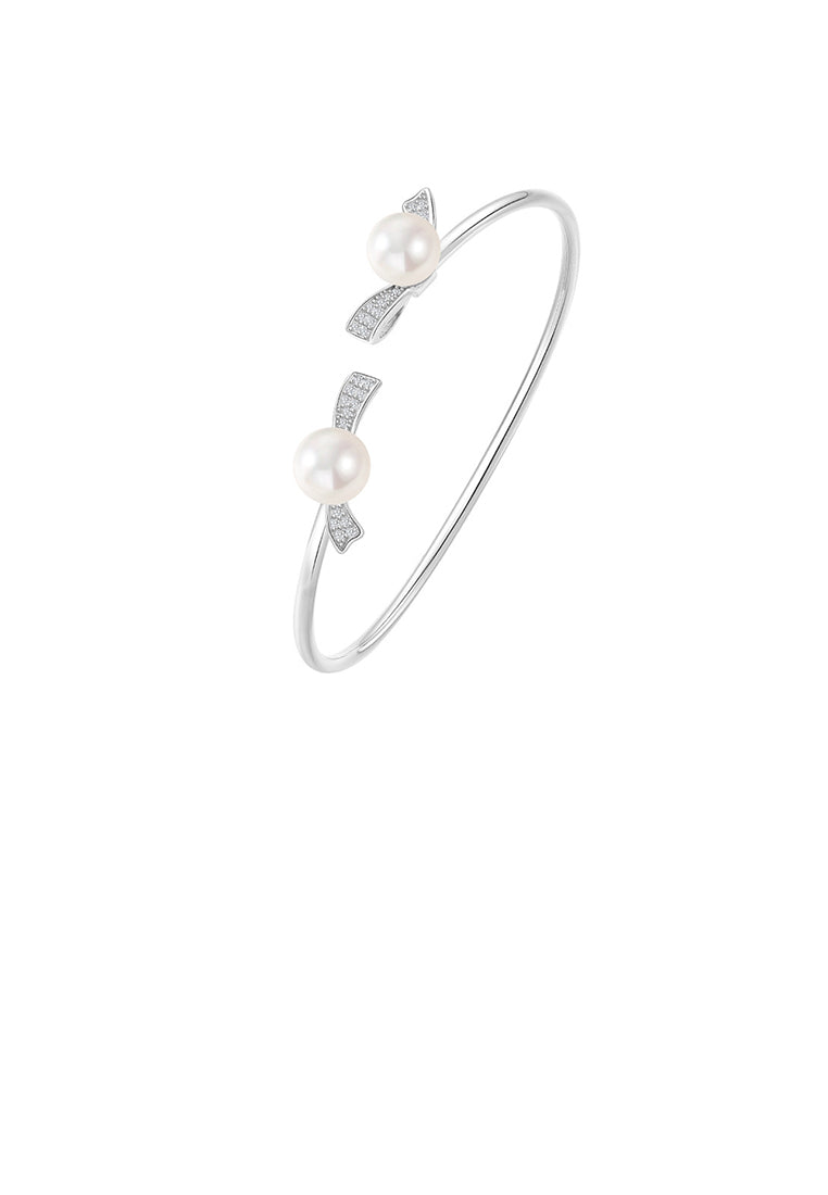 925 Sterling Silver Simple Temperament Ribbon Freshwater Pearl Open Bangle with Cubic Zirconia - Luxurious Look