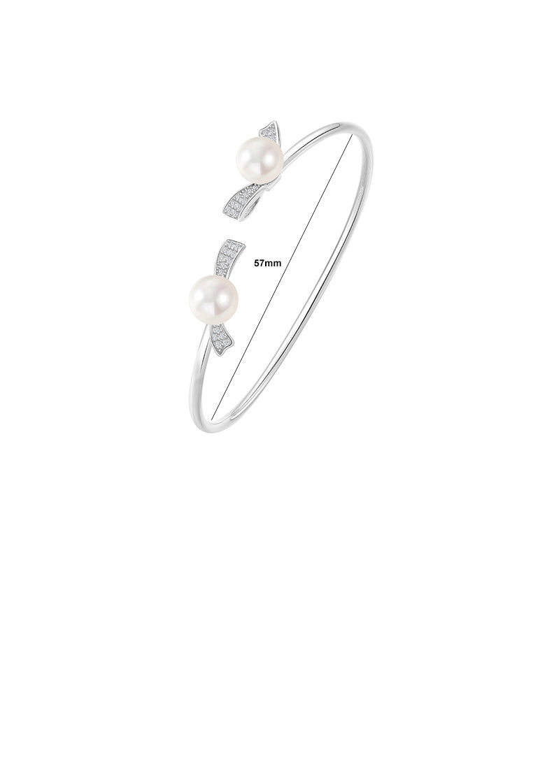 925 Sterling Silver Simple Temperament Ribbon Freshwater Pearl Open Bangle with Cubic Zirconia - Luxurious Look