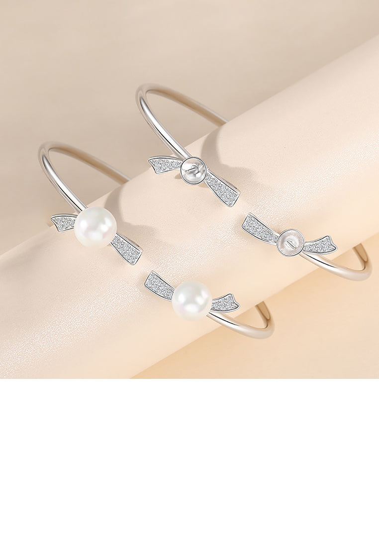 925 Sterling Silver Simple Temperament Ribbon Freshwater Pearl Open Bangle with Cubic Zirconia - Luxurious Look