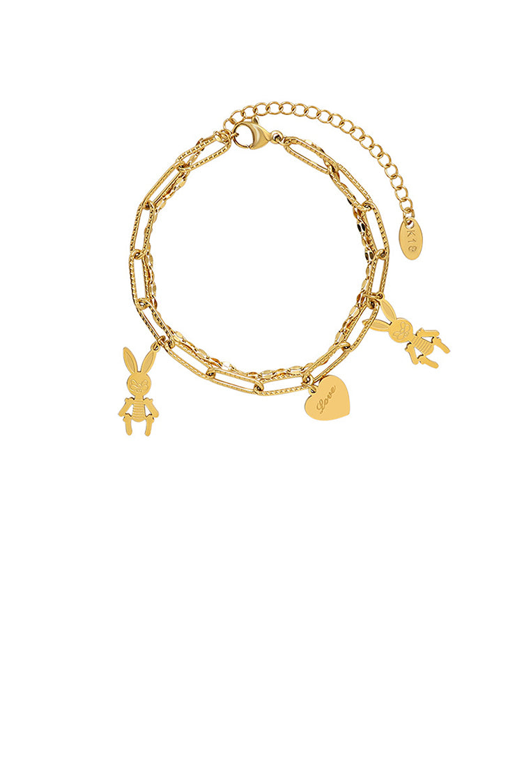 Fashion Cute Plated Gold 316L Stainless Steel Rabbit Heart Double Bracelet