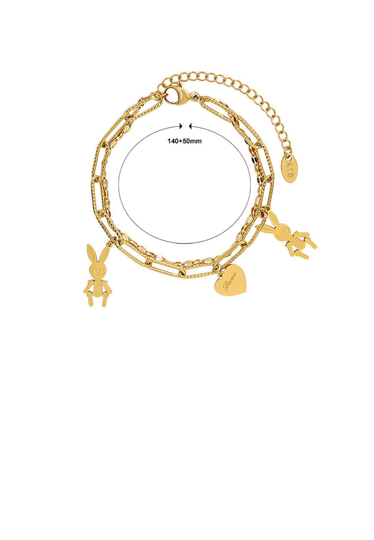 Fashion Cute Plated Gold 316L Stainless Steel Rabbit Heart Double Bracelet