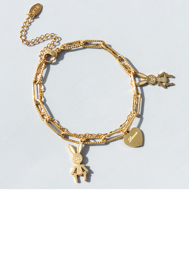 Fashion Cute Plated Gold 316L Stainless Steel Rabbit Heart Double Bracelet