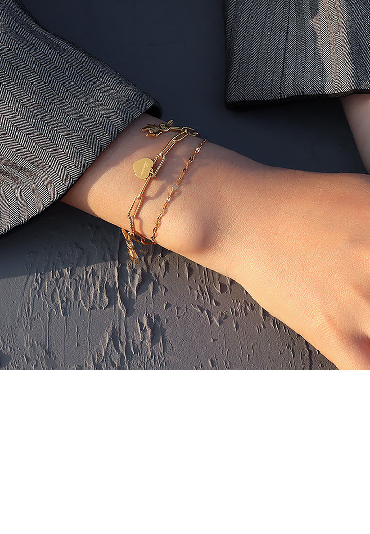 Fashion Cute Plated Gold 316L Stainless Steel Rabbit Heart Double Bracelet