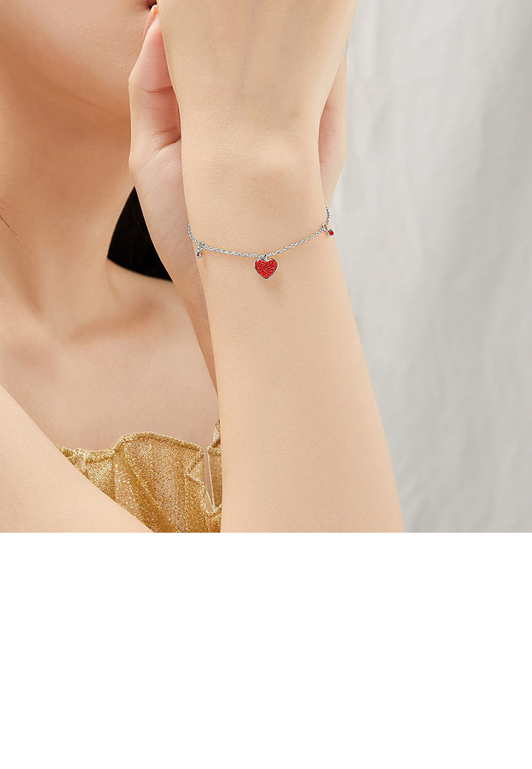 925 Sterling Silver Simple Fashion Heart-shaped Red Cubic Zirconia Bracelet - Luxurious Look - Vibrant Color