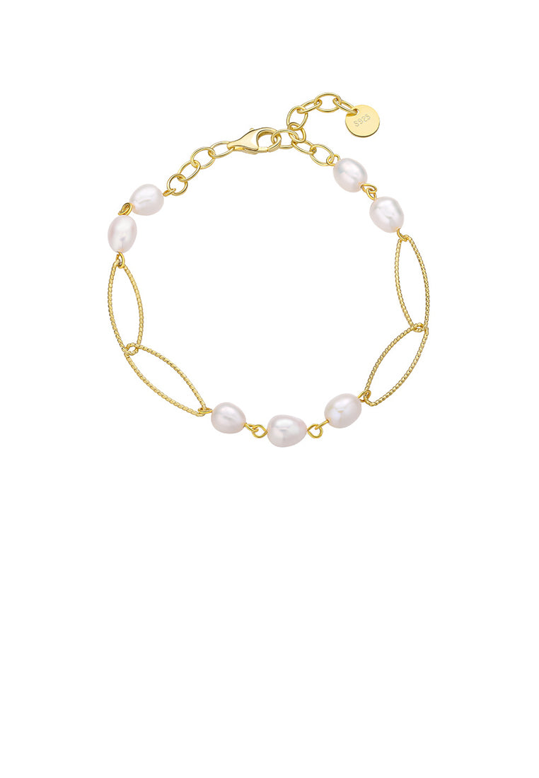 925 Sterling Silver Plated Gold Simple Temperament Hollow Geometric Bracelet with Freshwater Pearls