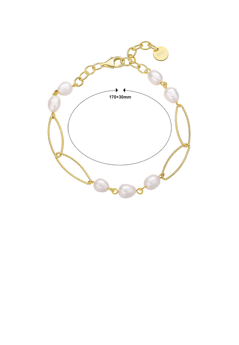 925 Sterling Silver Plated Gold Simple Temperament Hollow Geometric Bracelet with Freshwater Pearls