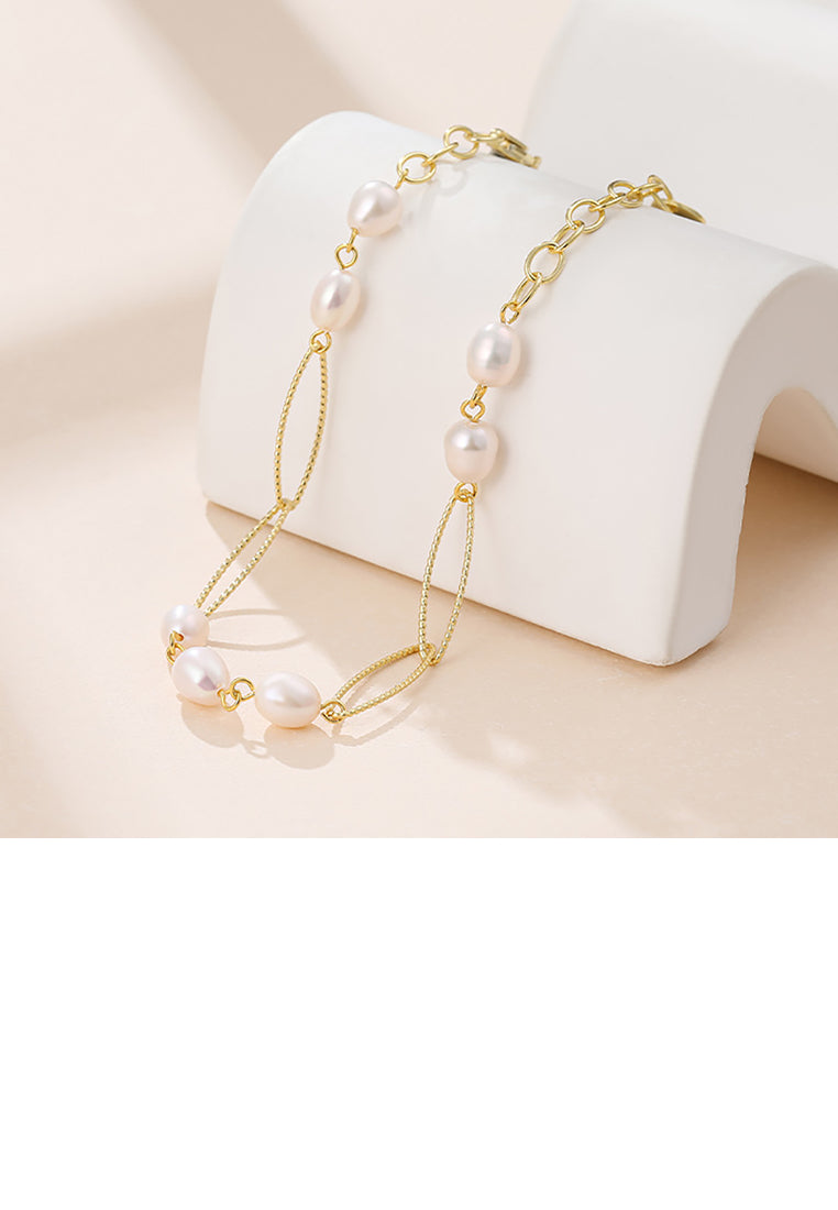925 Sterling Silver Plated Gold Simple Temperament Hollow Geometric Bracelet with Freshwater Pearls