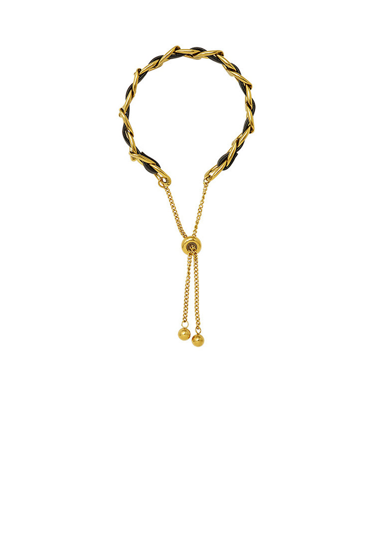 Fashion Simple Plated Gold 316L Stainless Steel Chain Leather Cord Adjustable Bracelet