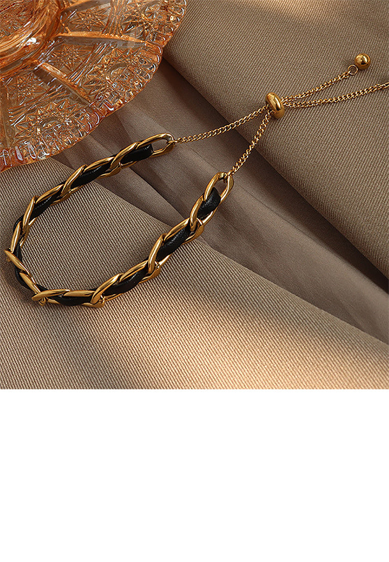 Fashion Simple Plated Gold 316L Stainless Steel Chain Leather Cord Adjustable Bracelet