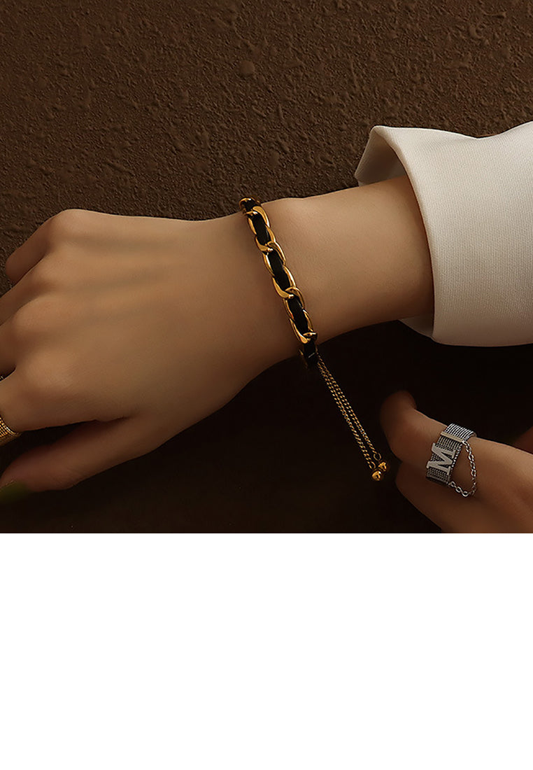 Fashion Simple Plated Gold 316L Stainless Steel Chain Leather Cord Adjustable Bracelet