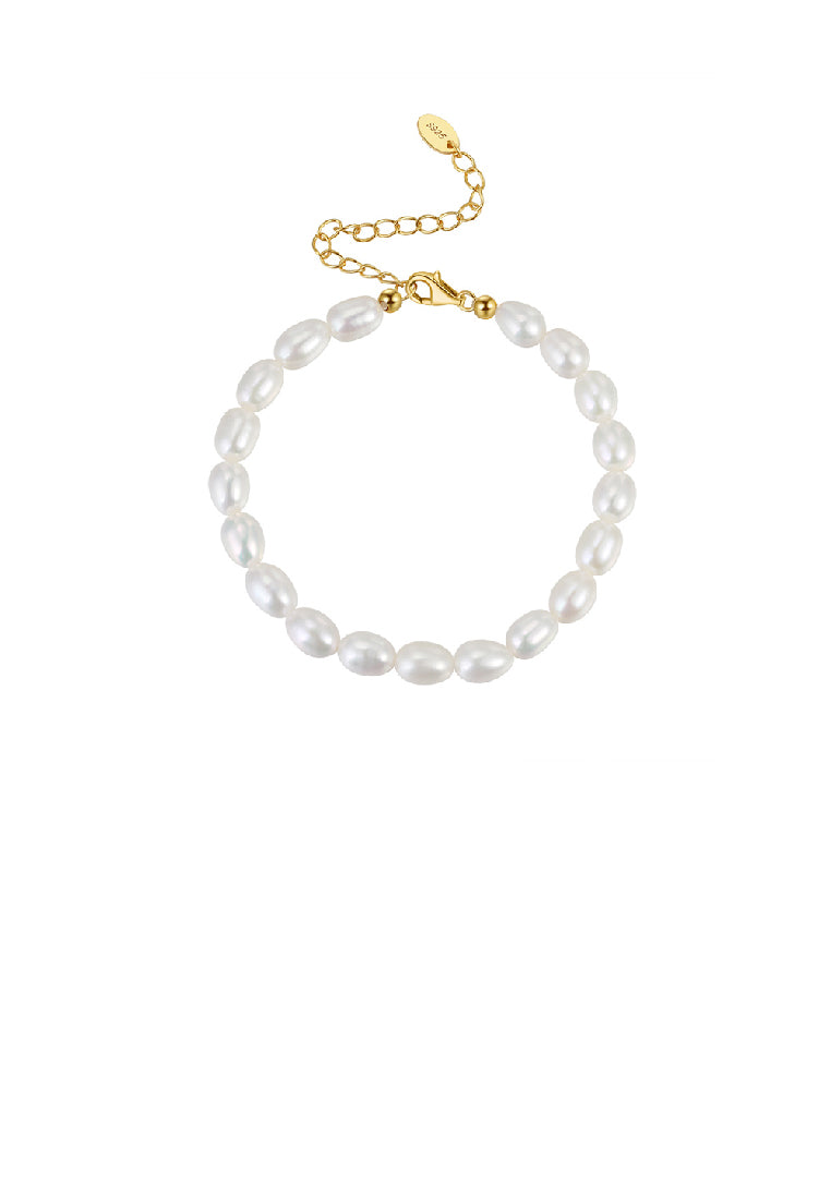 925 Sterling Silver Plated Gold Oval Irregular Freshwater Pearl Beaded Bracelet - Luxurious Look