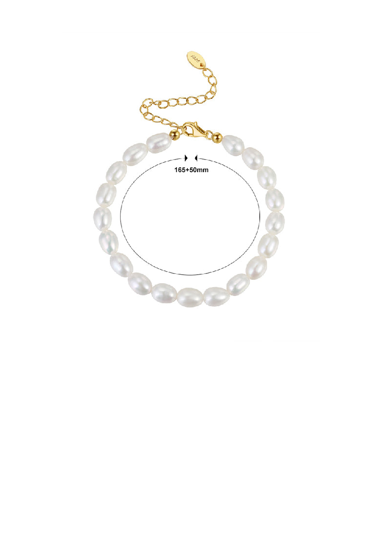 925 Sterling Silver Plated Gold Oval Irregular Freshwater Pearl Beaded Bracelet - Luxurious Look