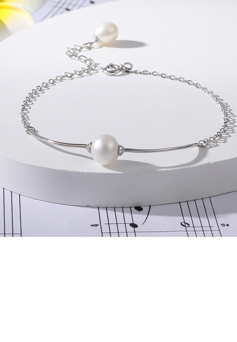 925 Sterling Silver Fashion Simple Geometric White Freshwater Pearl Bracelet - Luxurious Look