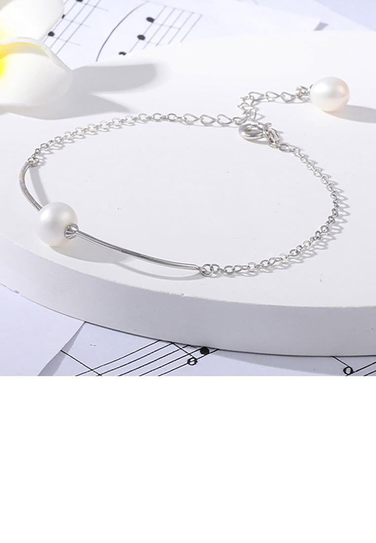 925 Sterling Silver Fashion Simple Geometric White Freshwater Pearl Bracelet - Luxurious Look