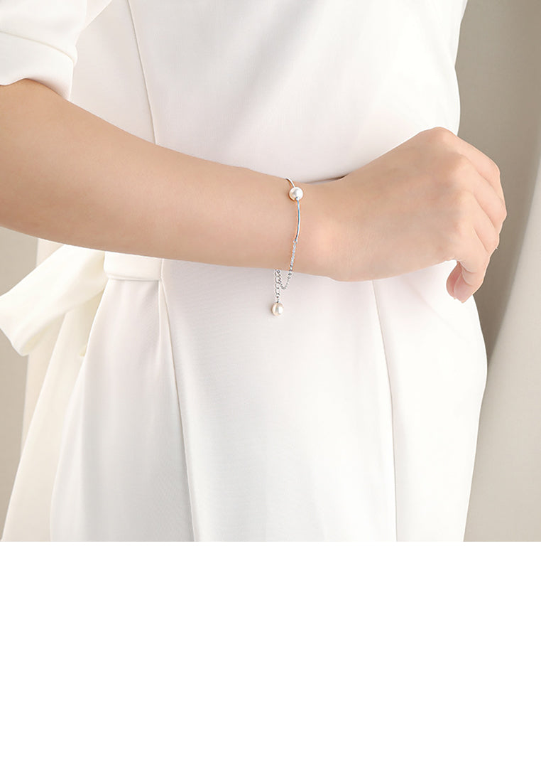 925 Sterling Silver Fashion Simple Geometric White Freshwater Pearl Bracelet - Luxurious Look
