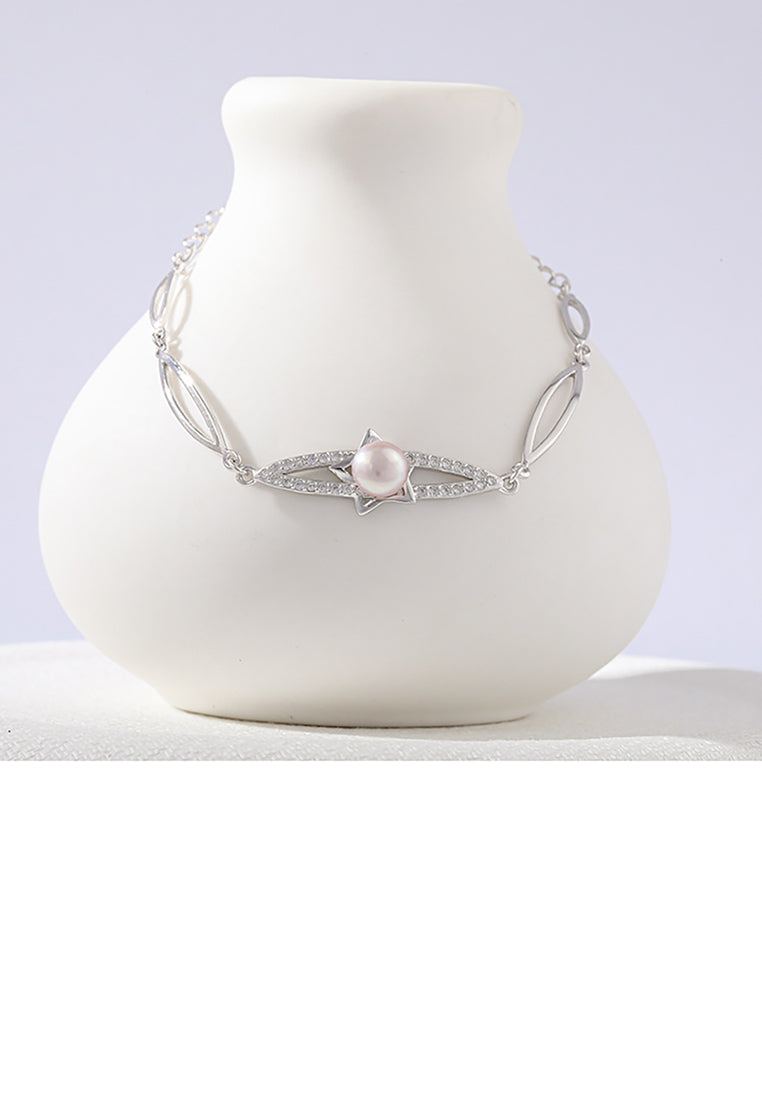925 Sterling Silver Fashion Temperament Star Geometric Purple Freshwater Pearl Bracelet with Cubic Zirconia - Luxurious Look