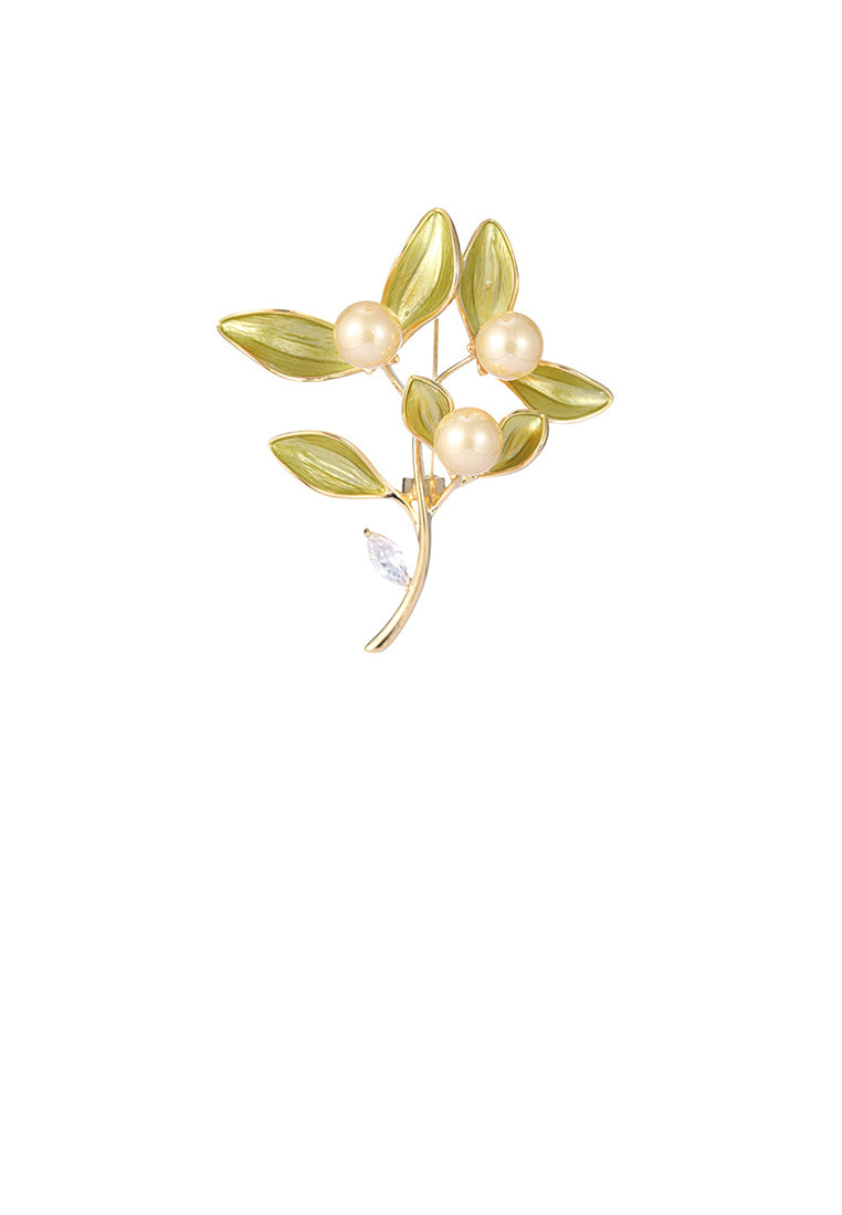 Fashion and Elegant Plated Gold Enamel Green Leaf Imitation Pearl Brooch with Cubic Zirconia - Luxurious Look