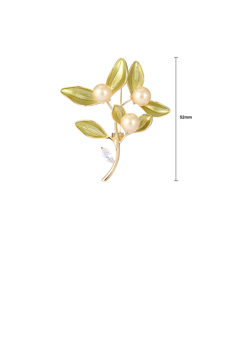 Fashion and Elegant Plated Gold Enamel Green Leaf Imitation Pearl Brooch with Cubic Zirconia - Luxurious Look