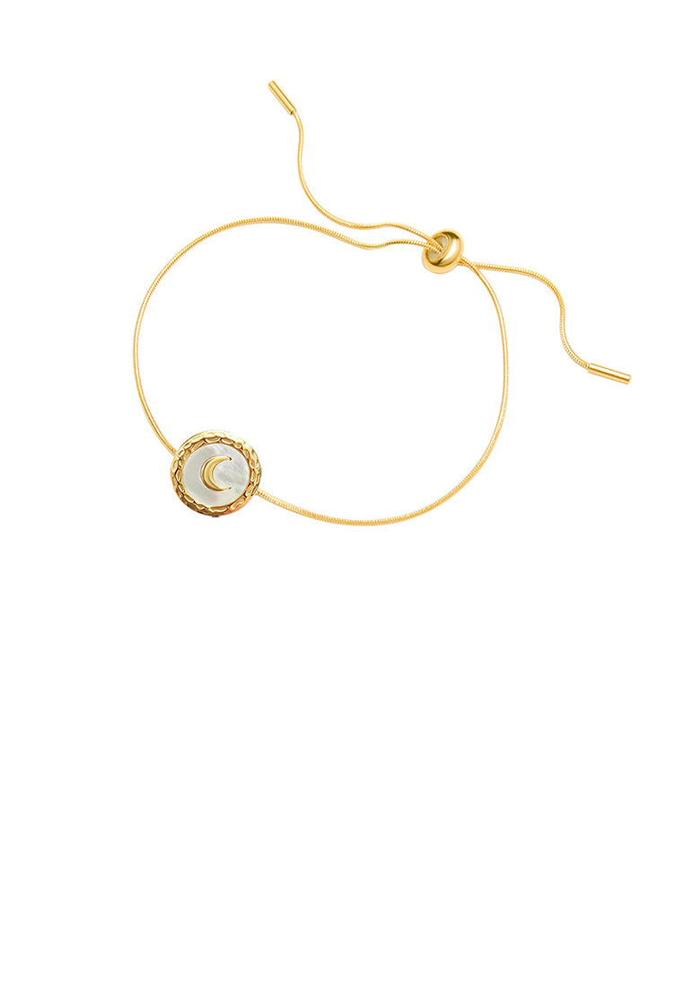 Fashion Temperament Plated Gold 316L Stainless Steel Moon Geometric Round White Shell Adjustable Bracelet