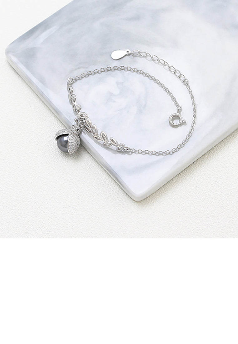 925 Sterling Silver Fashion Simple Leaf Ladybug Black Freshwater Pearl Bracelet with Cubic Zirconia - Luxurious Look