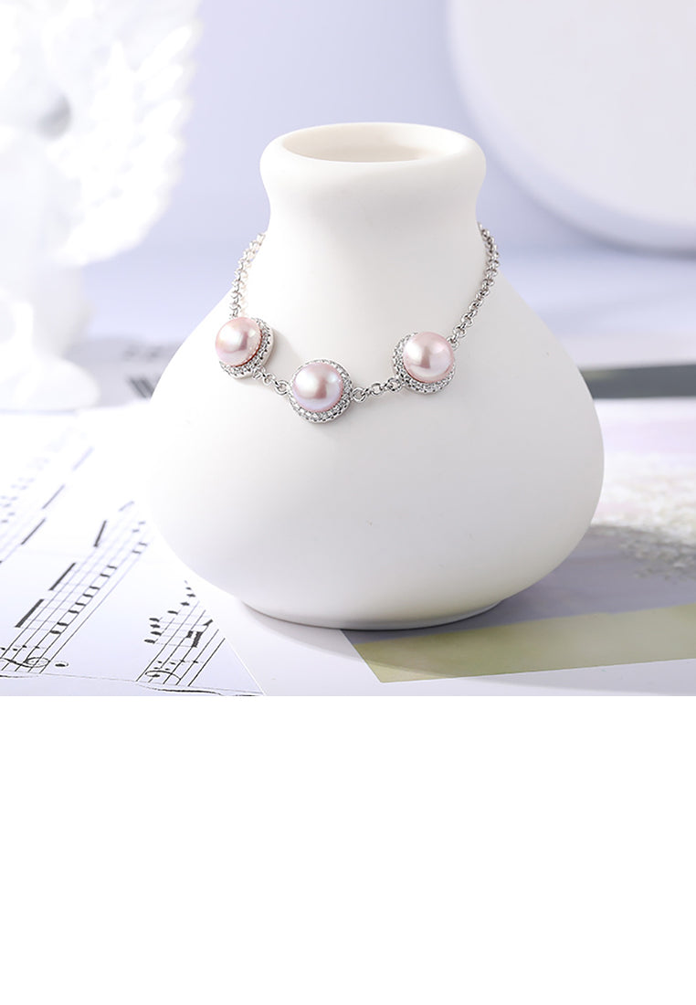925 Sterling Silver Fashion Elegant Geometric Round Purple Freshwater Pearl Bracelet - Luxurious Look