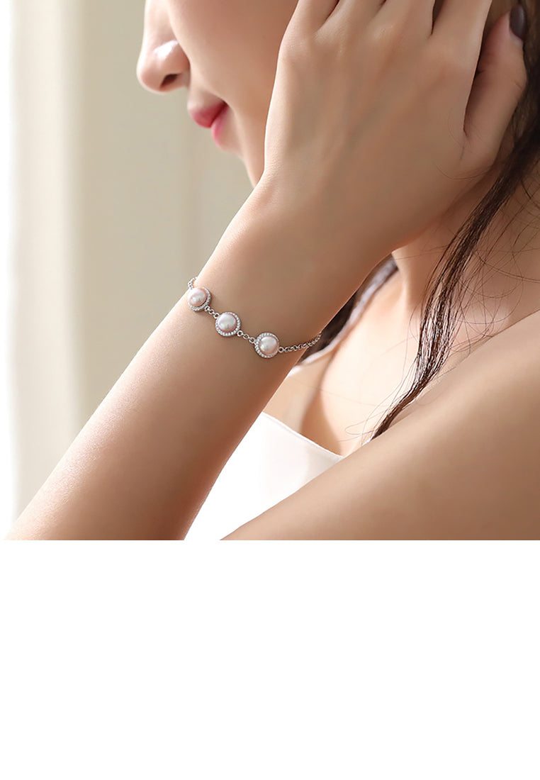 925 Sterling Silver Fashion Elegant Geometric Round Purple Freshwater Pearl Bracelet - Luxurious Look