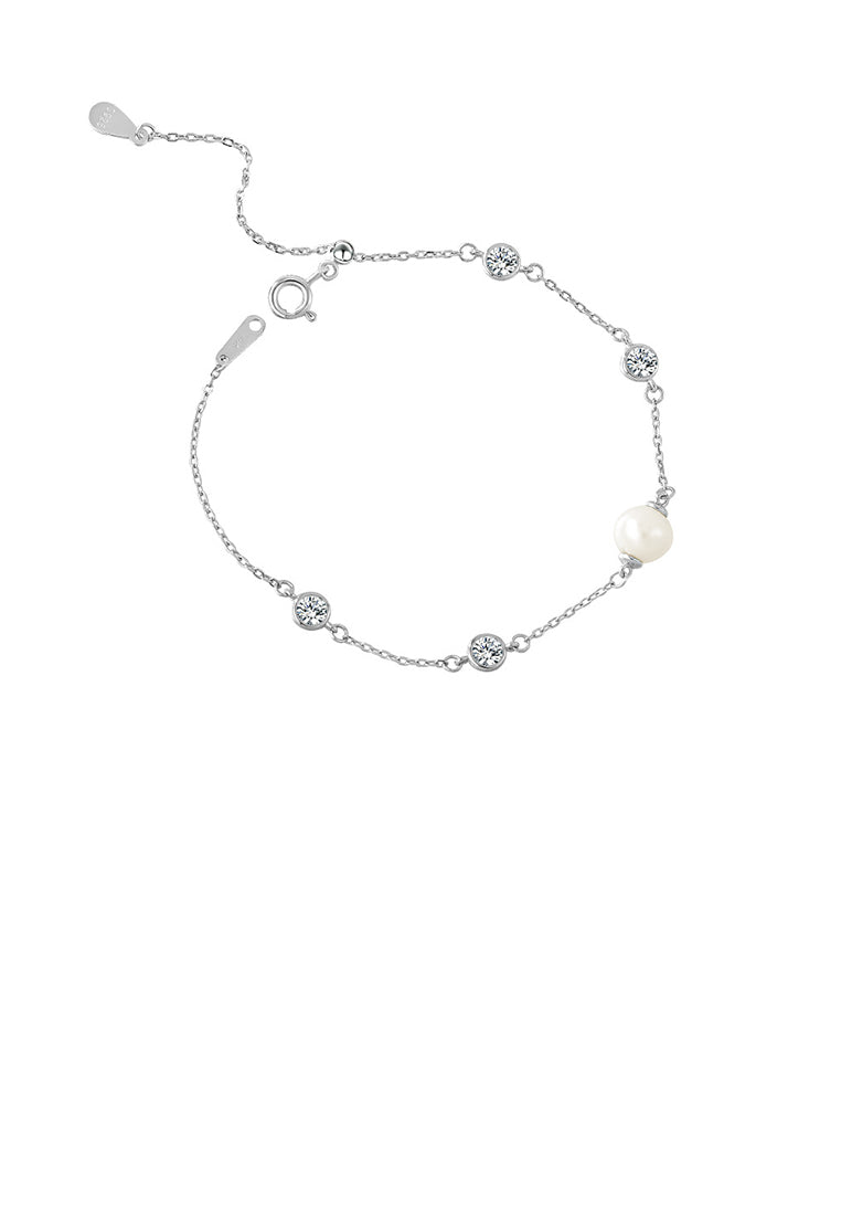 925 Sterling Silver Simple Fashion Geometric Round Freshwater Pearl Bracelet with Cubic Zirconia - Luxurious Look