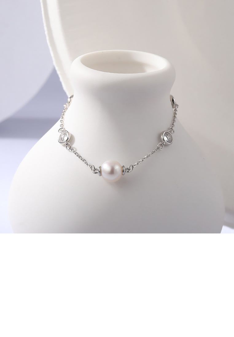 925 Sterling Silver Simple Fashion Geometric Round Freshwater Pearl Bracelet with Cubic Zirconia - Luxurious Look