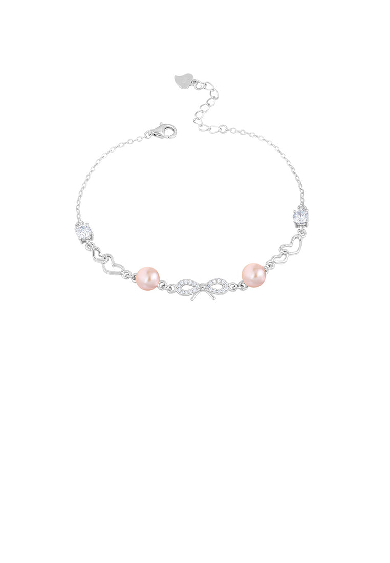 925 Sterling Silver Fashion Elegant Ribbon Heart Shaped Purple Freshwater Pearl Bracelet with Cubic Zirconia - Luxurious Look