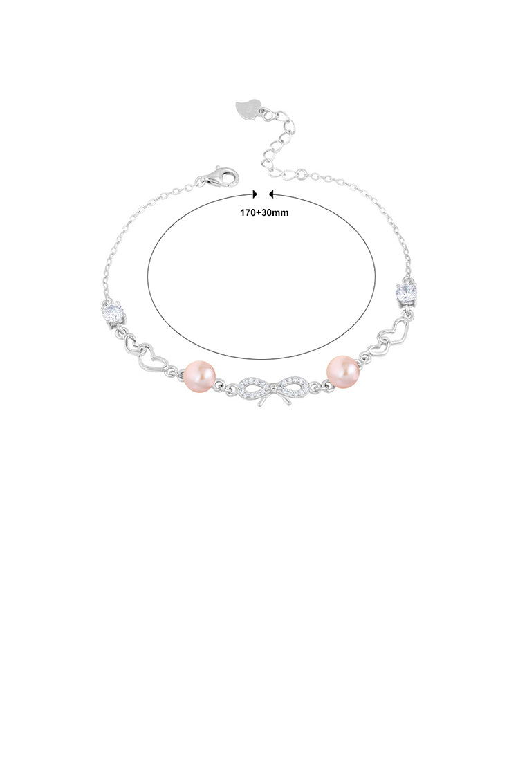 925 Sterling Silver Fashion Elegant Ribbon Heart Shaped Purple Freshwater Pearl Bracelet with Cubic Zirconia - Luxurious Look
