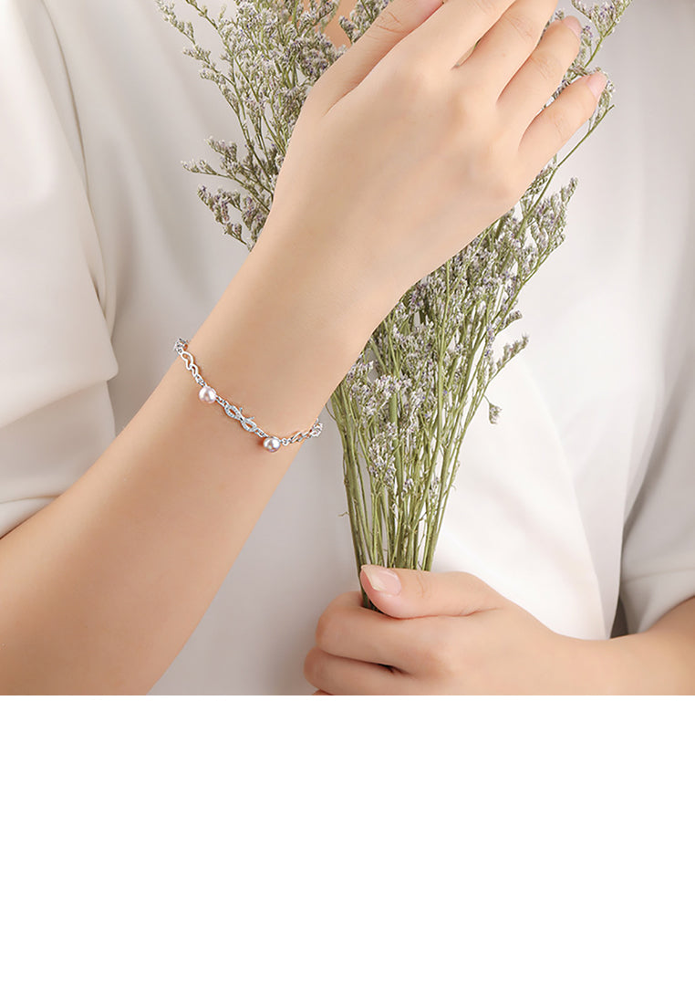 925 Sterling Silver Fashion Elegant Ribbon Heart Shaped Purple Freshwater Pearl Bracelet with Cubic Zirconia - Luxurious Look