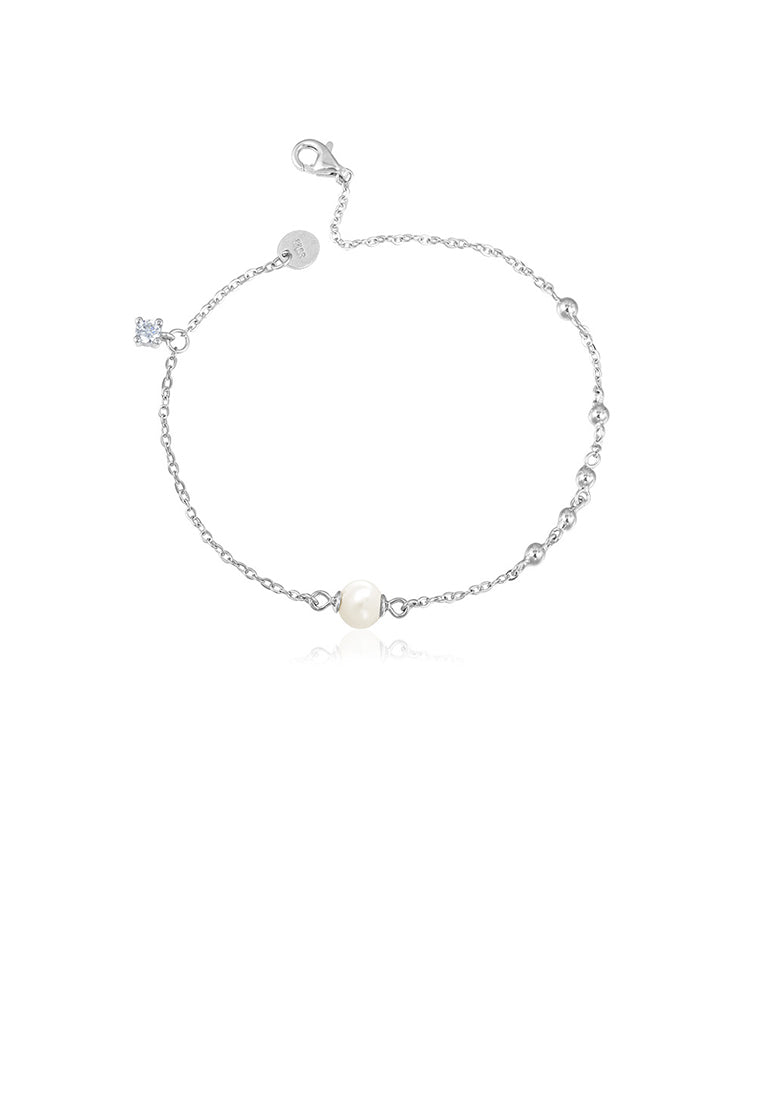 925 Sterling Silver Simple Fashion Geometric White Freshwater Pearl Bracelet with Cubic Zirconia - Luxurious Look
