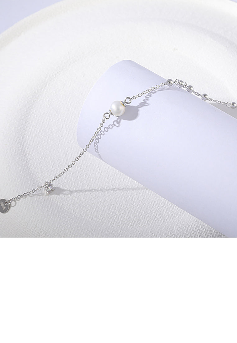 925 Sterling Silver Simple Fashion Geometric White Freshwater Pearl Bracelet with Cubic Zirconia - Luxurious Look