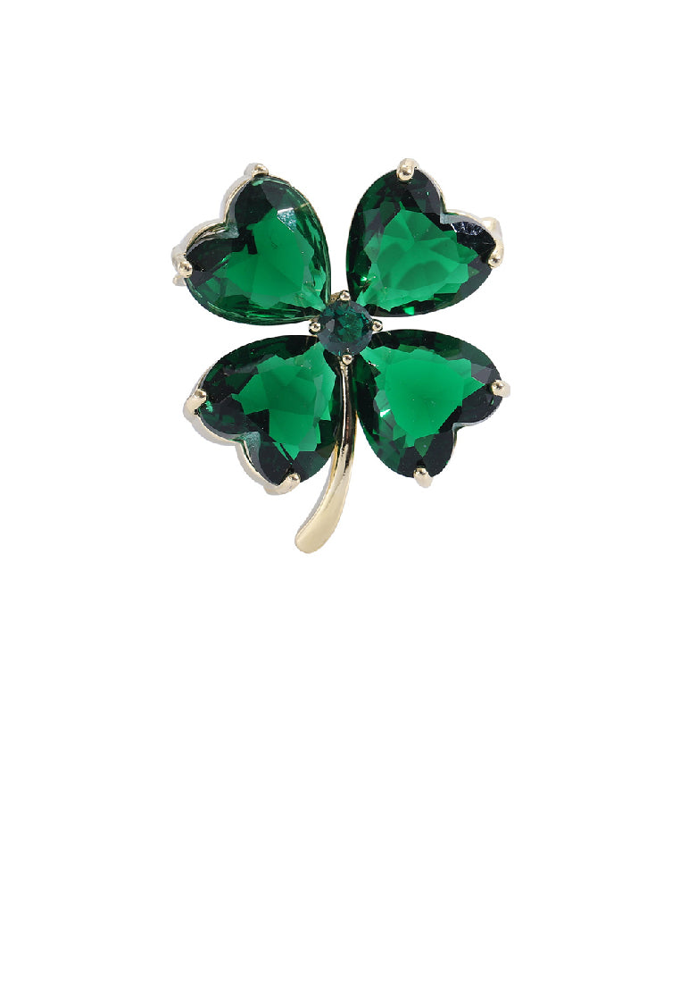 Fashion Simple Plated Gold Four-Leafed Clover Brooch with Green Cubic Zirconia - Luxurious Look