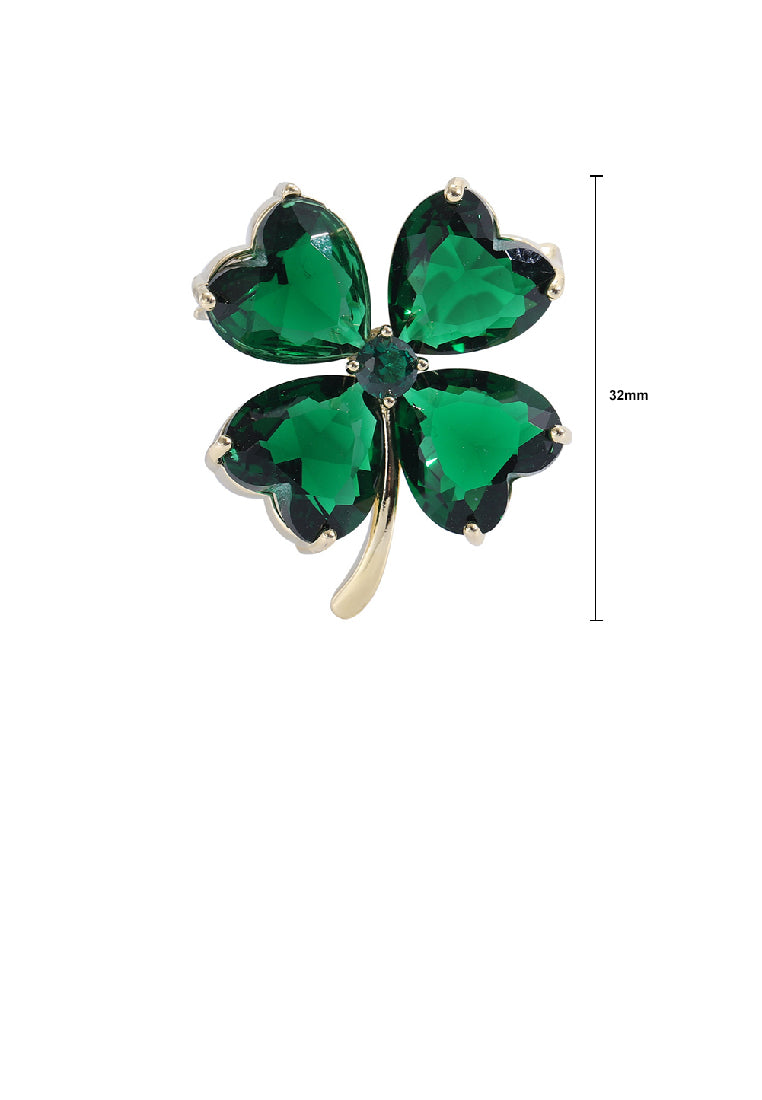 Fashion Simple Plated Gold Four-Leafed Clover Brooch with Green Cubic Zirconia - Luxurious Look