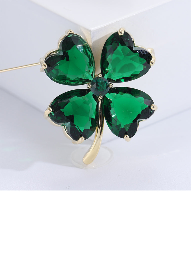 Fashion Simple Plated Gold Four-Leafed Clover Brooch with Green Cubic Zirconia - Luxurious Look
