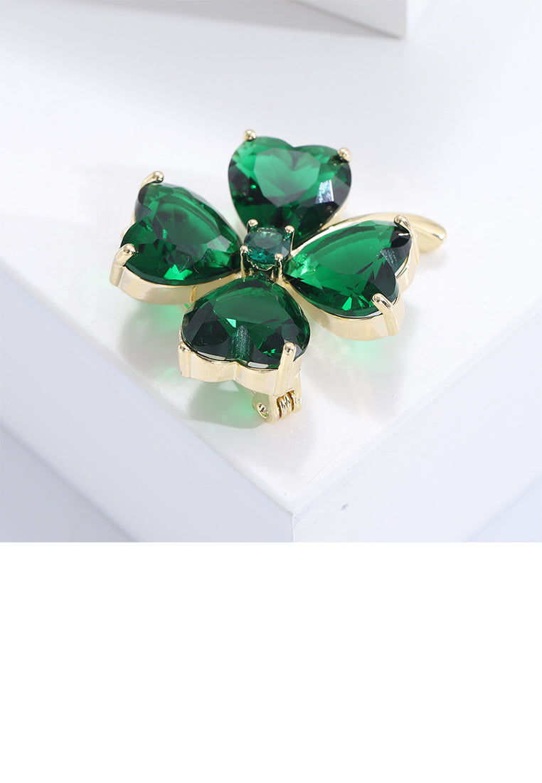 Fashion Simple Plated Gold Four-Leafed Clover Brooch with Green Cubic Zirconia - Luxurious Look