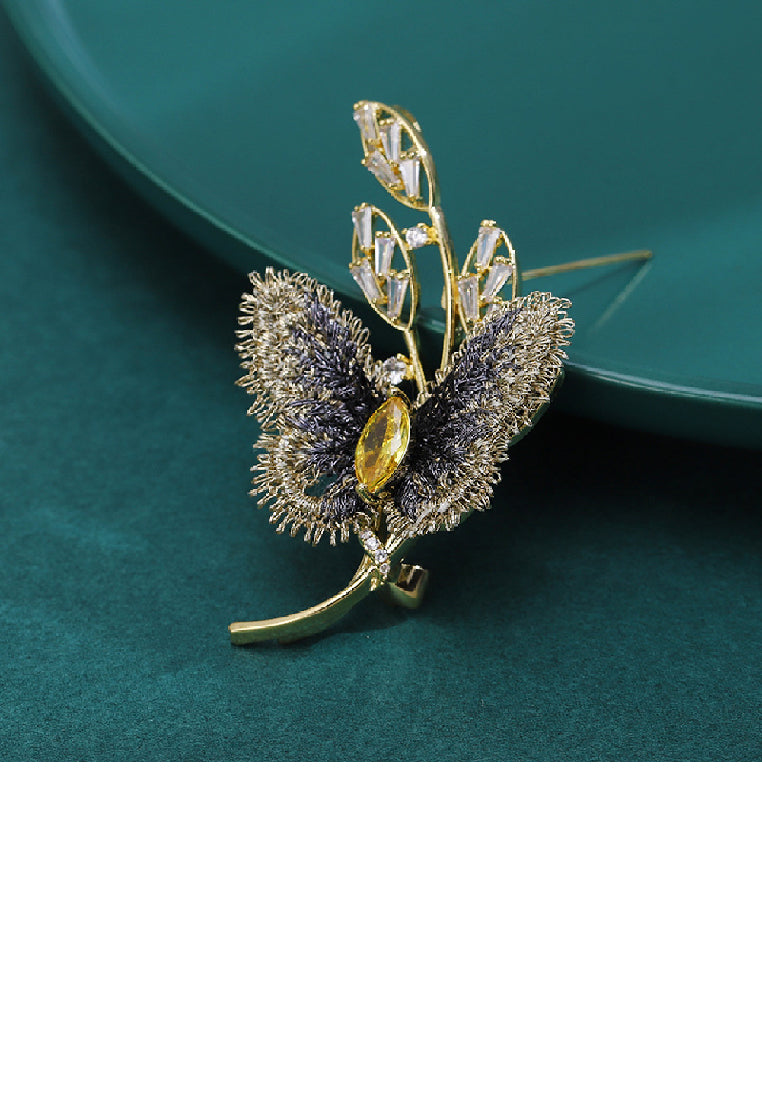Fashion and Elegant Plated Gold Butterfly Brooch with Cubic Zirconia - Luxurious Look