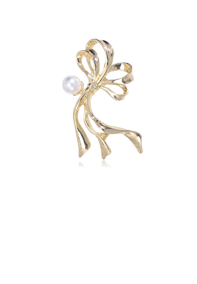 Simple and Elegant Plated Gold Ribbon Imitation Pearl Brooch - Luxurious Look