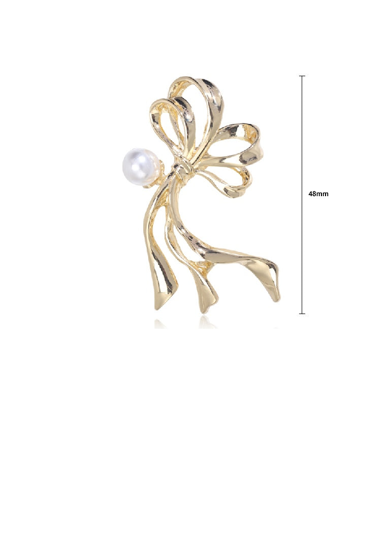 Simple and Elegant Plated Gold Ribbon Imitation Pearl Brooch - Luxurious Look