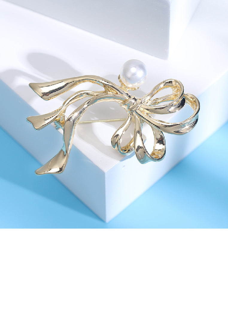 Simple and Elegant Plated Gold Ribbon Imitation Pearl Brooch - Luxurious Look