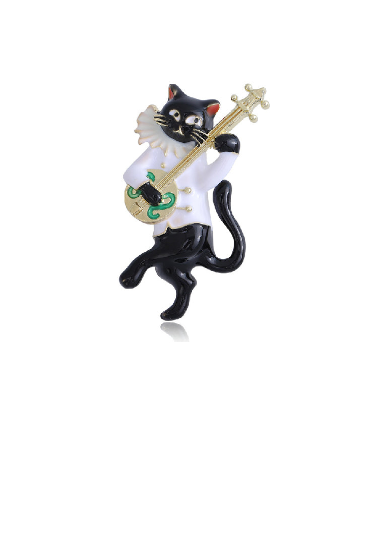 Fashion and Cute Plated Gold Enamel Playing Musical Instrument Cat Brooch