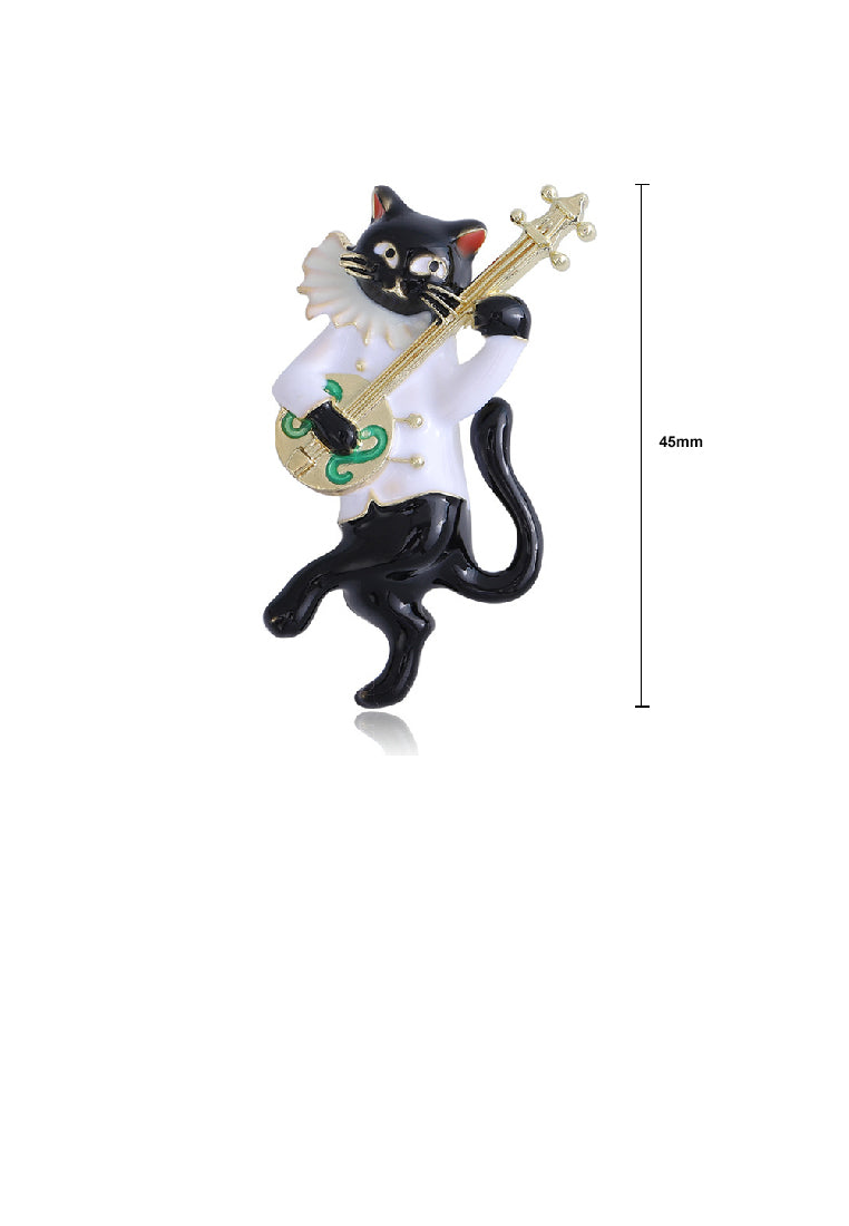 Fashion and Cute Plated Gold Enamel Playing Musical Instrument Cat Brooch