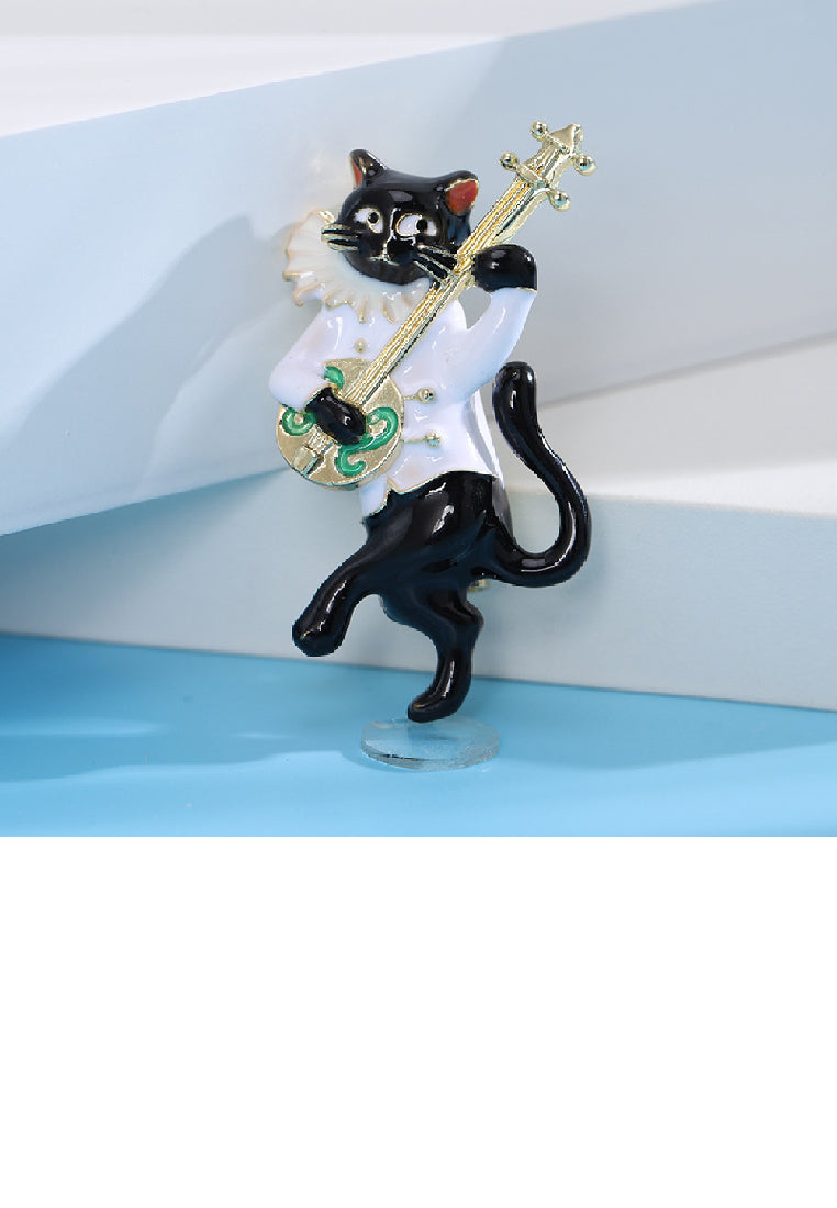 Fashion and Cute Plated Gold Enamel Playing Musical Instrument Cat Brooch
